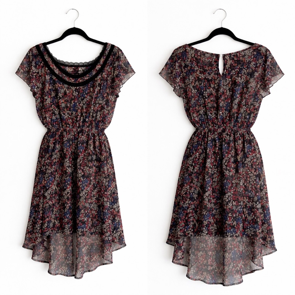 American Rag Floral Lace Trim Dress Size L Boho Sheer Hi Low Hem